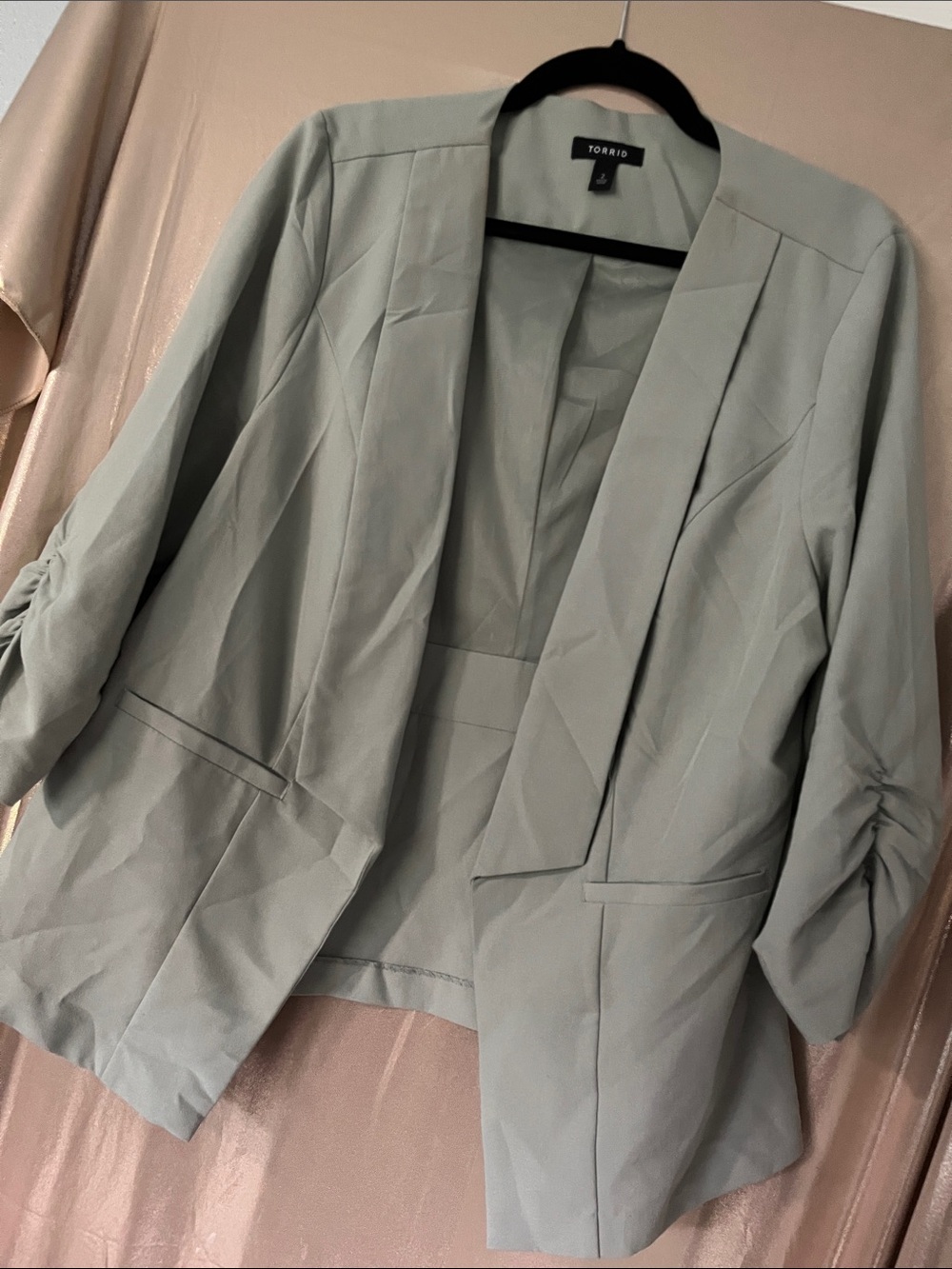 torrid sage green open-front blazer with ruched sleeves